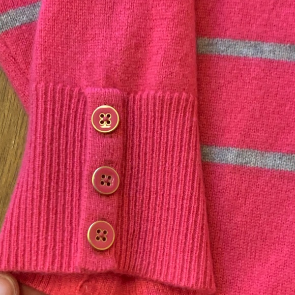 Talbots sweater Large Pink with grey stripes 100% cashmere button cuffs soft - Picture 3 of 8